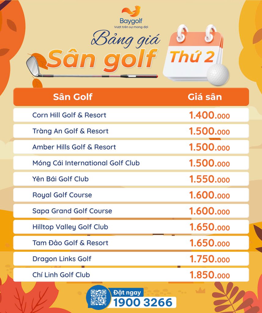 Bảng giá ưu đãi sân golf ngày Thứ Hai với danh sách các sân golf và giá cả chi tiết.